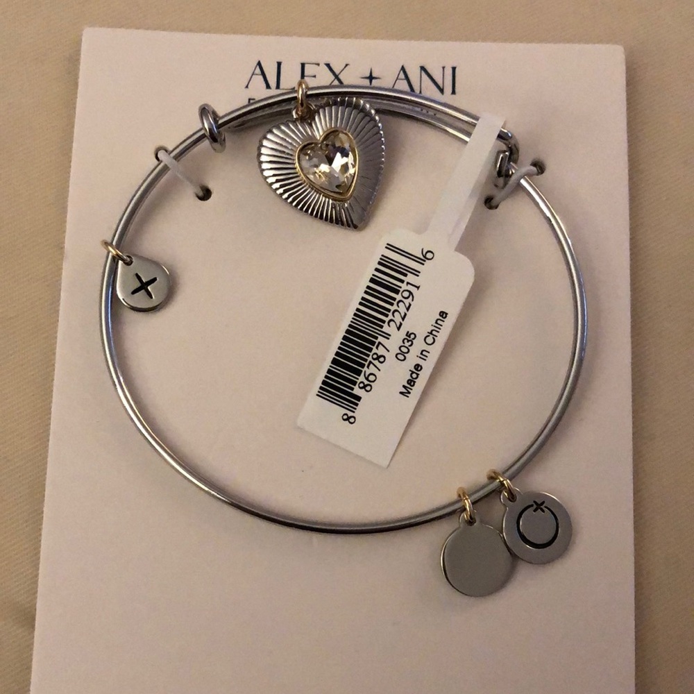 Alex + Ani Silver Tone Expandable Bangle Heart With Crystal Charm NWT